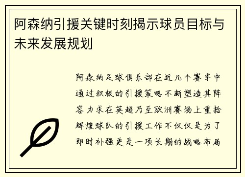 阿森纳引援关键时刻揭示球员目标与未来发展规划 阿森纳引援关键时刻揭示球员目标与未来发展规划